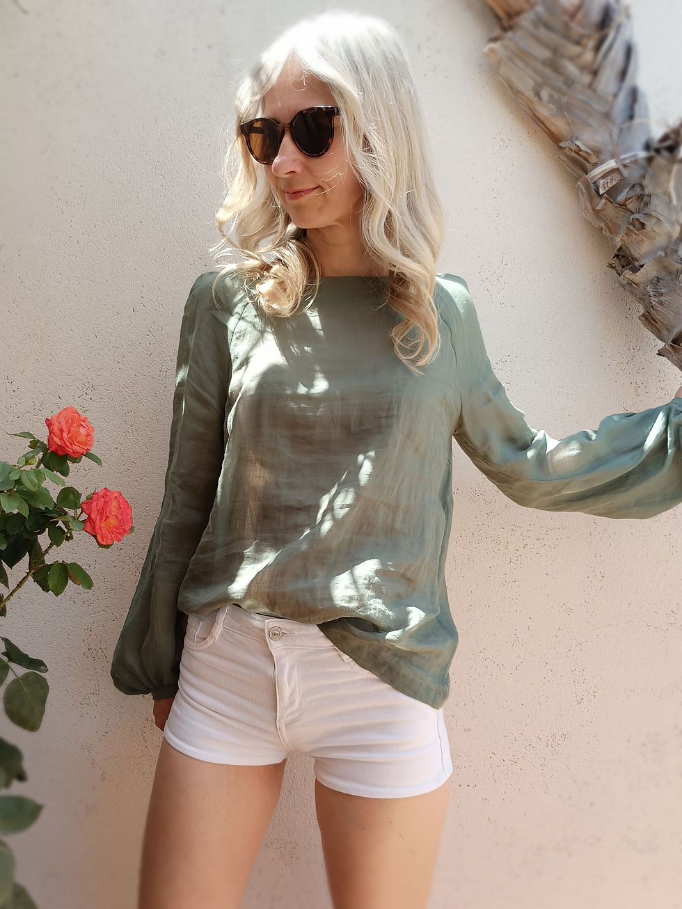 Thumbnail: Boat neck top with long puff sleeves, raglan cut / CORN / Dusty green
