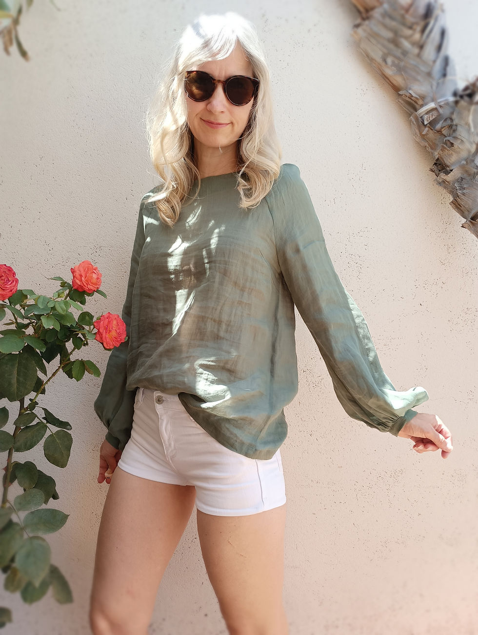 Thumbnail: Boat neck top with long puff sleeves, raglan cut / CORN / Dusty green