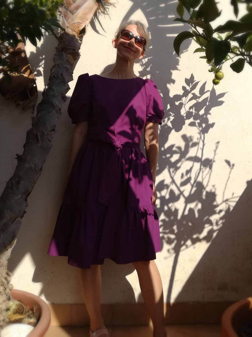 Purple / SMALL ASTER / short puff-sleeve tiered dress / high density cotton / handmade by Kadrika