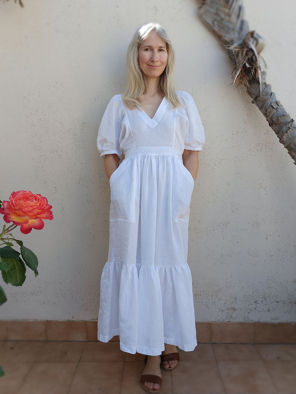 Thumbnail: White / RANUNCULUS / kimono-sleeve tiered dress with pockets / medium weight linen / handmade by Kadrika