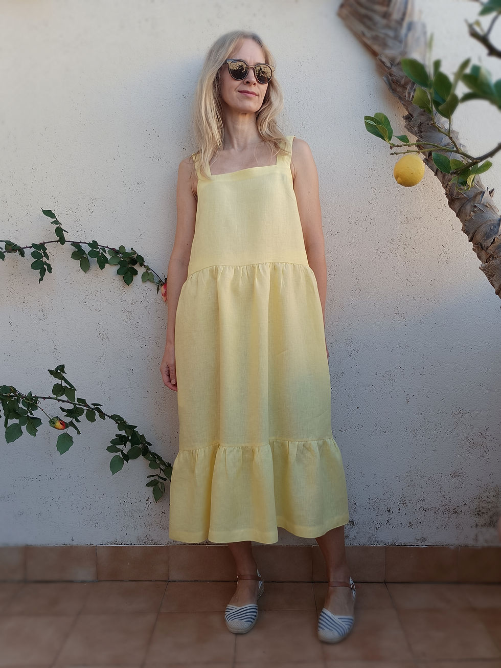 Thumbnail: Yellow / MINI ASTER / tiered strap-dress with pockets / medium weight linen / handmade by Kadrika