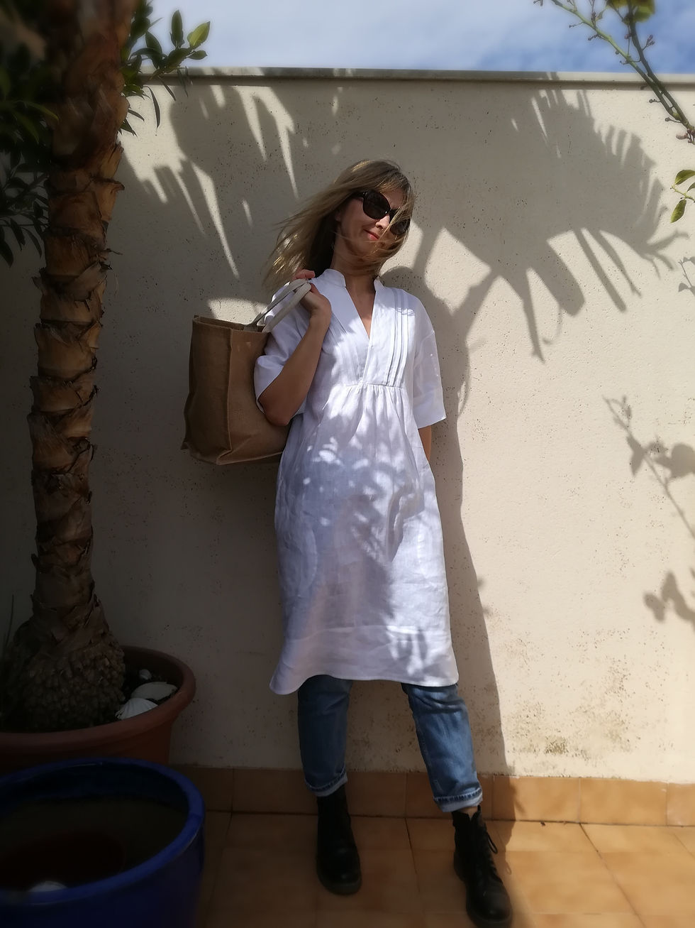 Thumbnail: White / GARDENIA / tunic-dress with short sleeves and pockets / medium weight linen / handmade by Kadrika