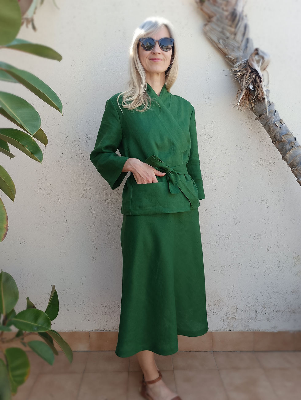 Thumbnail: Green / GINKGO / kimono blazer with belt / heavy linen / handmade by Kadrika