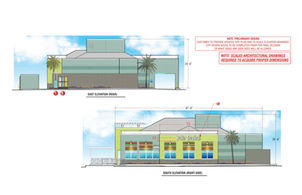 Building elevation with proposed commercial signage locations