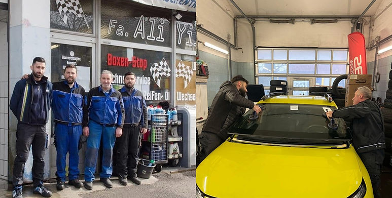 Teamfoto aus der Werkstatt mit gelbem Sportwagen – zeigt den Ursprung des Gründers im Handwerksbereich“O='