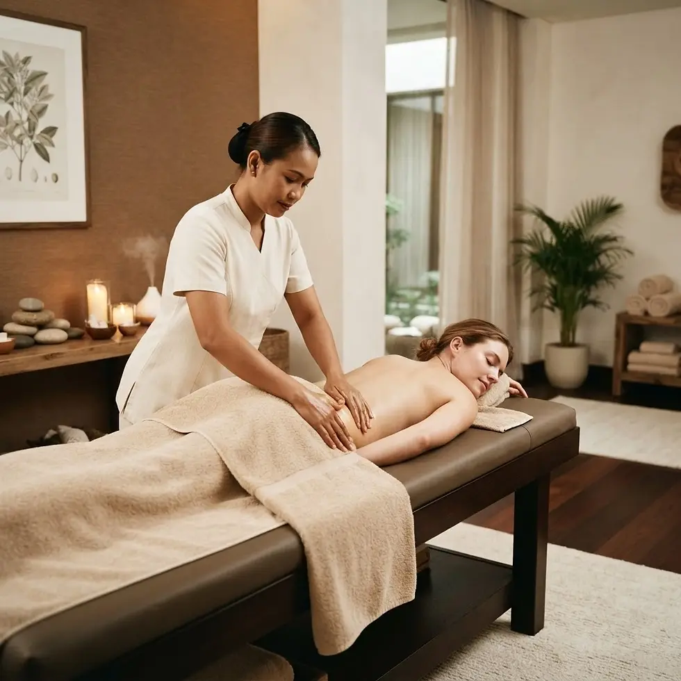 Studio photography of a massage therapist providing a relaxing treatment to a client on a massage table. The room has a calm, serene atmosphere with warm lighting.