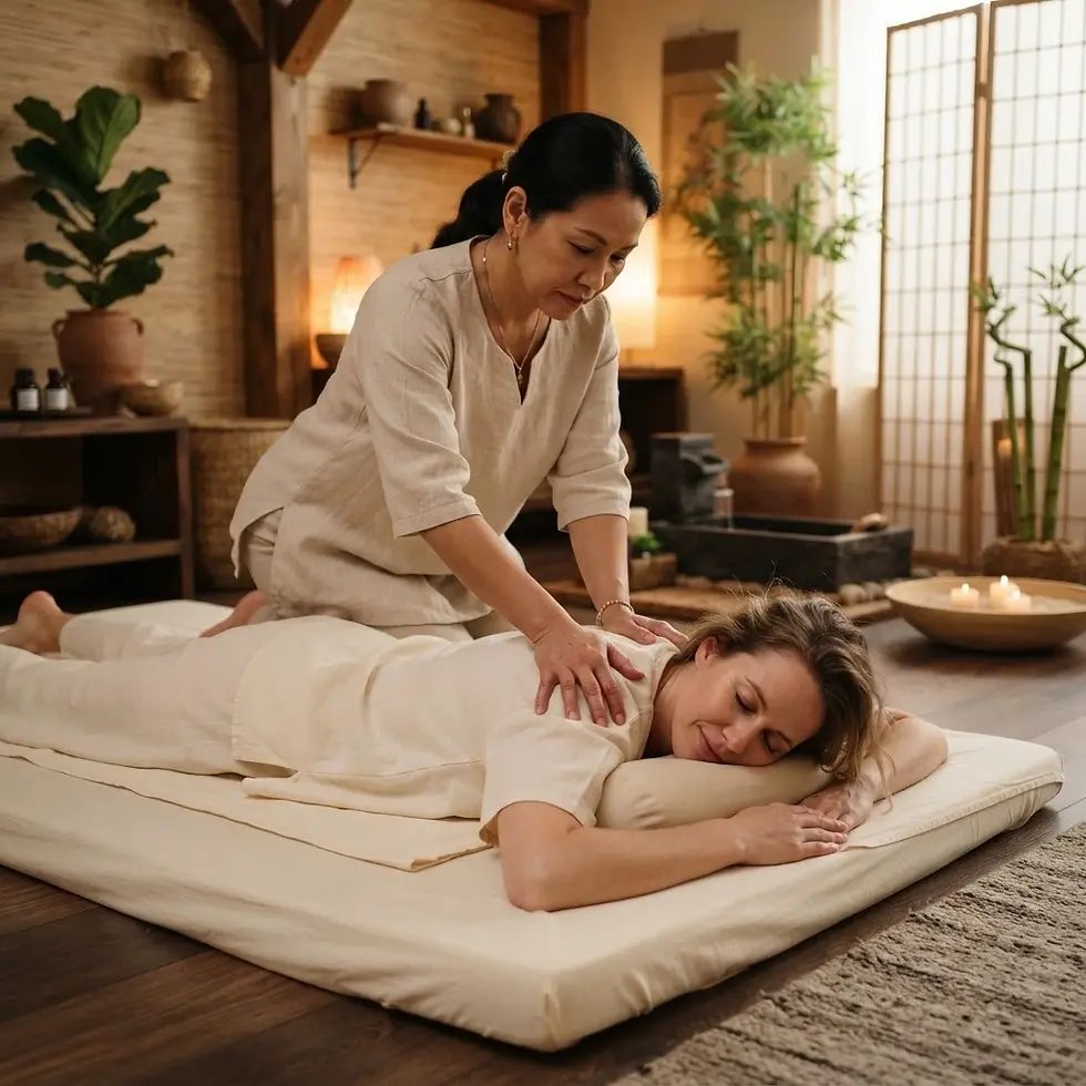 Studio photography of a massage therapist giving a relaxing massage to a client on a floor mat. The atmosphere is warm, serene, and spa-like, featuring wooden decor and gentle lighting.
