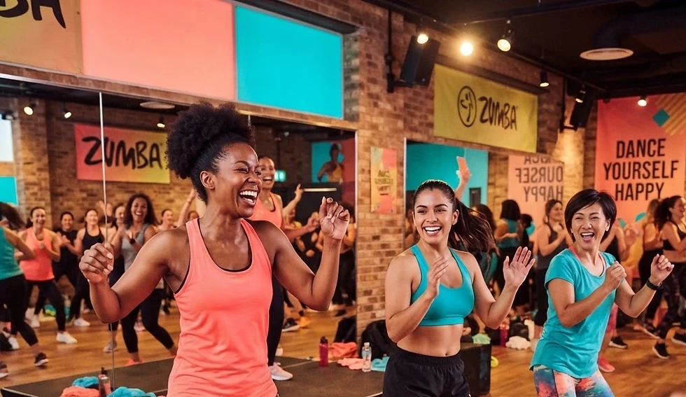 Studio photography of a group of diverse women laughing while dancing during a Zumba fitness class. The atmosphere is energetic, fun, and inclusive with upbeat decor in the background.