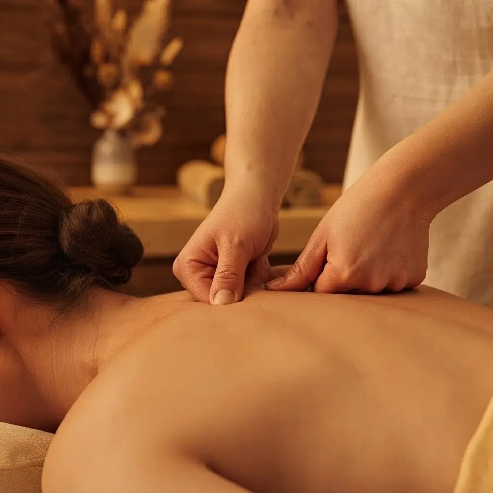 Studio photography of a massage therapist performing a back massage on a client. The scene uses warm, calming lighting to create a luxurious and relaxing spa atmosphere.
