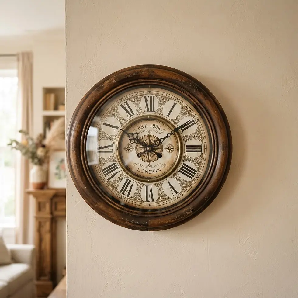 Studio photography of a vintage-style round wall clock mounted on a neutral interior wall. The scene evokes a warm, timeless, and classic decorative aesthetic.