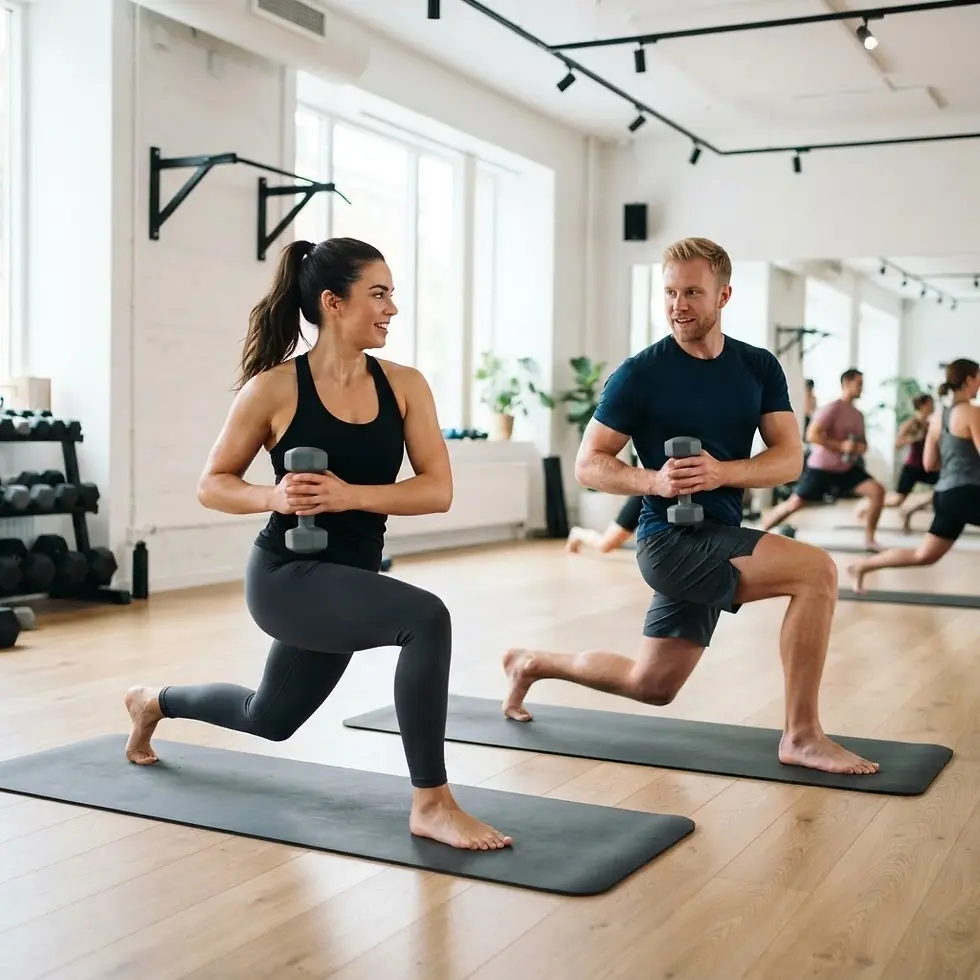 Studio photography of a man and woman performing lunges with dumbbells in a bright, modern gym. They look at each other with encouraging, focused expressions during their workout.