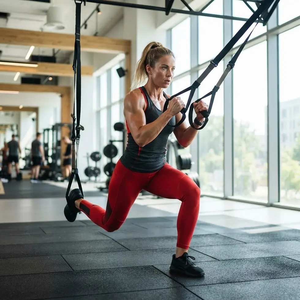 Studio photography, a female athlete performing TRX lunges in a modern gym. The scene is brightly lit with a focused, energetic atmosphere.