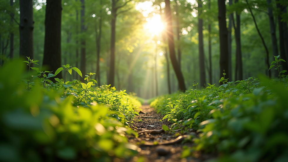 Eye-level view of a lush green forest with sunlight filtering through the trees