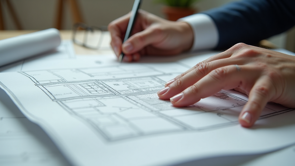 Close-up view of architect’s hands reviewing home design blueprints