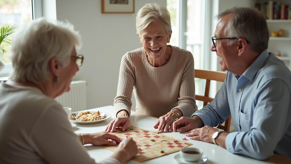 High angle view of a companion and senior playing a board game at a dining table