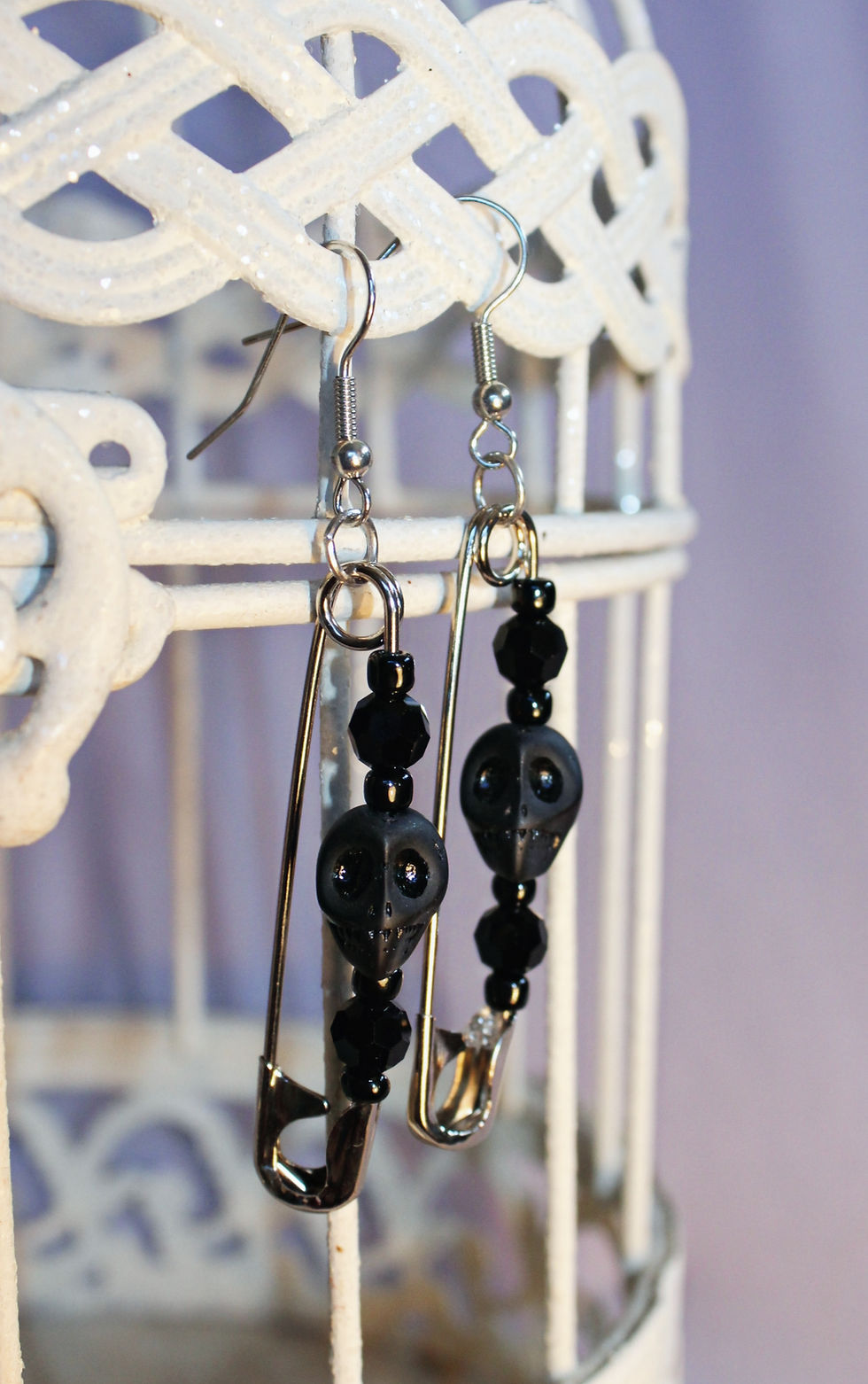 Thumbnail: Black Skull Safety Pin Earrings