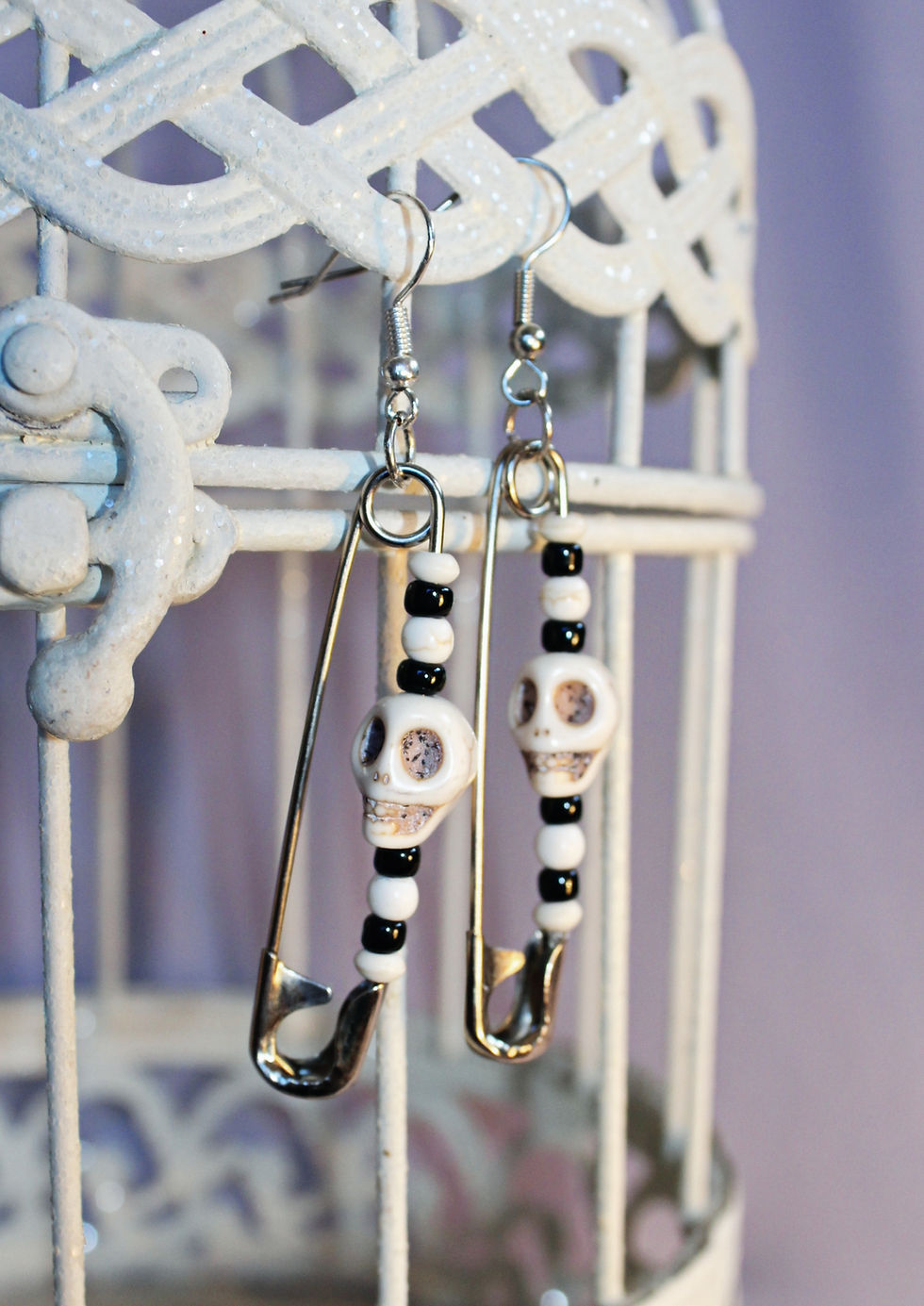 Thumbnail: Black and White Skull Safety Pin Earrings