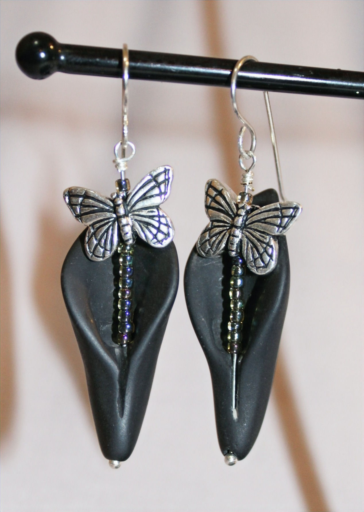 Black Onyx Flower and Butterfly Earrings
