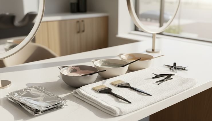 Close-up view of hair color bowls, brushes, and foils prepared for a custom salon service