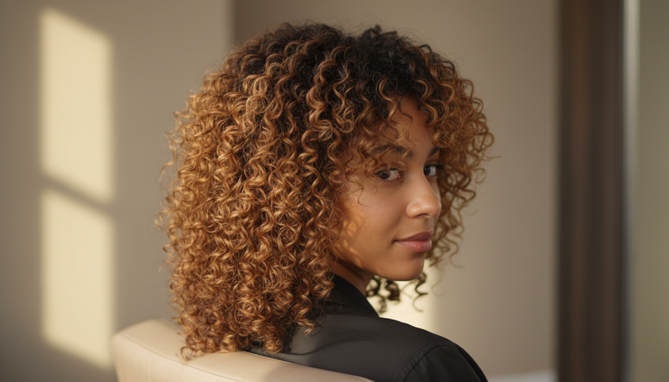Close-up view of defined curls with soft face-framing shape.