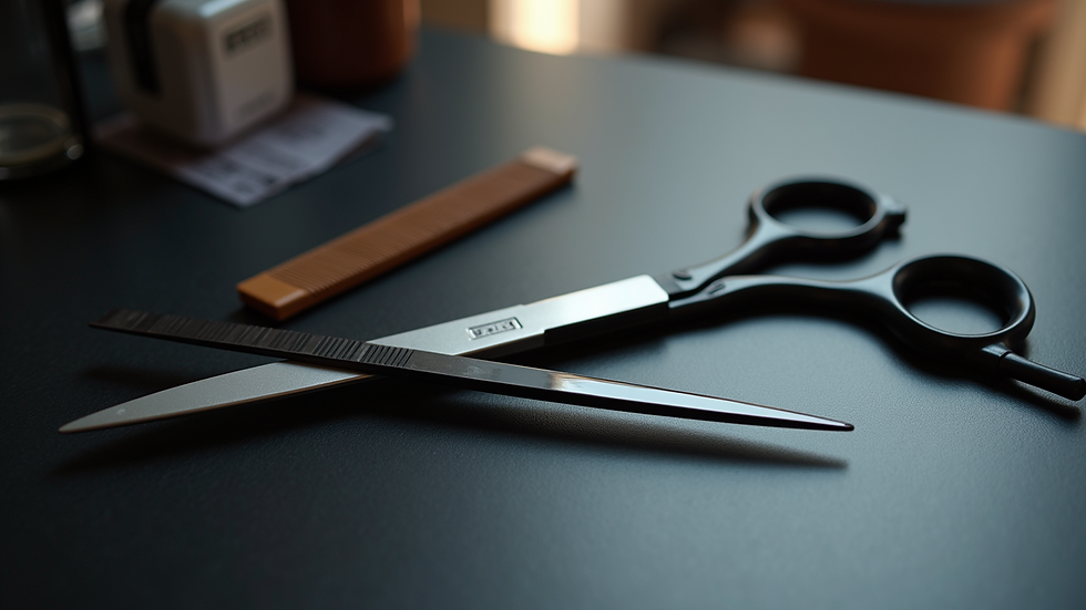 Close-up view of salon scissors and comb on a stylist’s workstation