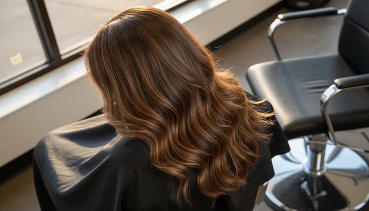 Overhead view of a finished soft dimensional hairstyle resting over a salon cape