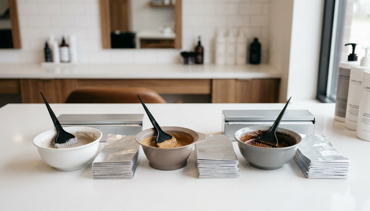 Close-up view of hair color bowls and brushes prepared for a salon appointment