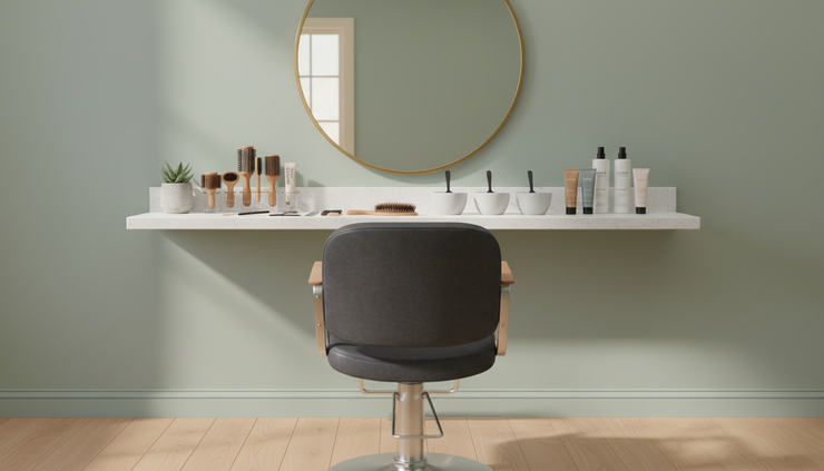 Wide-angle view of a bright salon chair and mirror ready for a hair transformation