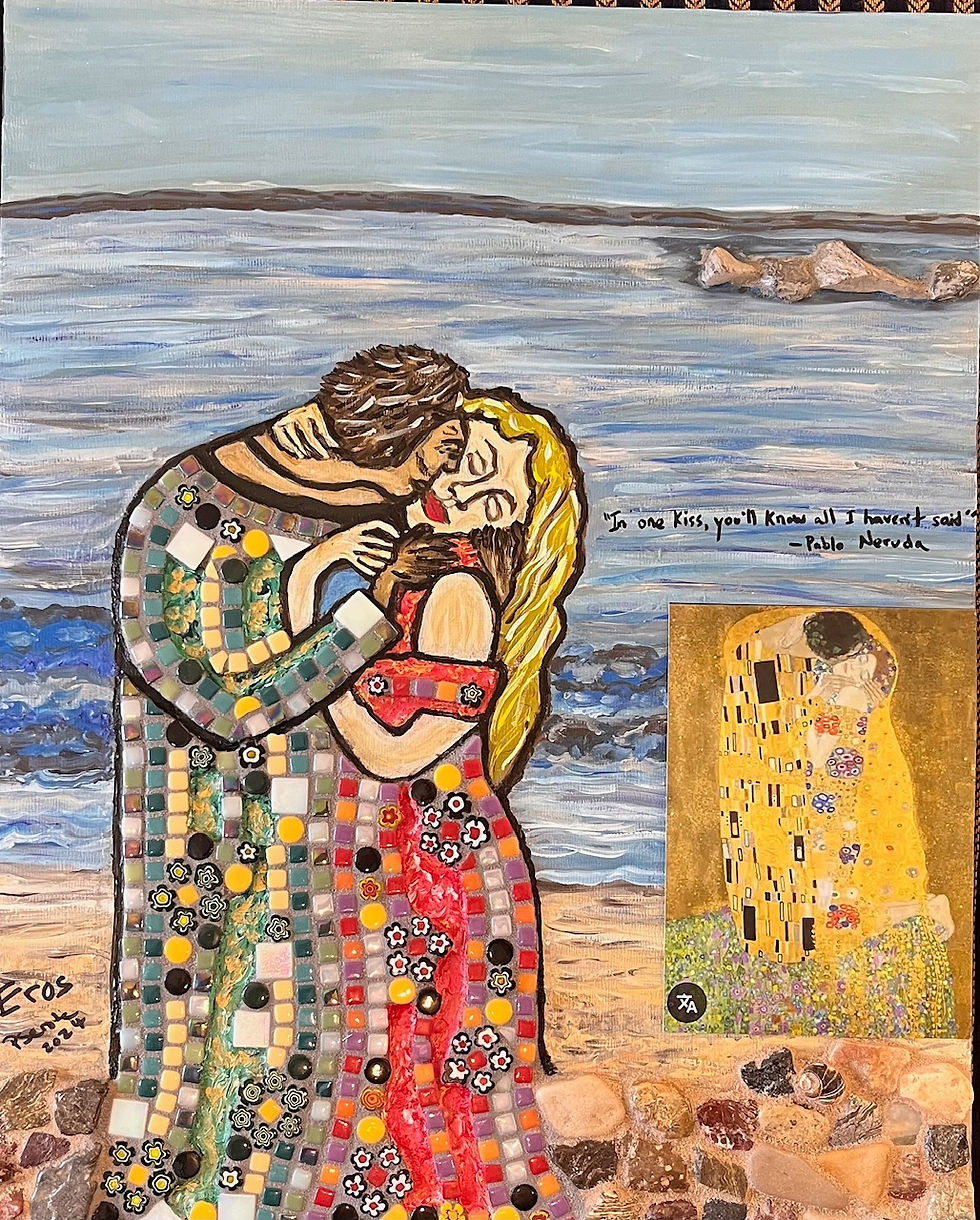 This is one of my pieces that will be in the show: it is my interpretation of Gustav Klimt's The Kiss. Here I have recreated the scene as lovers on the beach, using beach rocks and glass mosaic tiles to create a mixed media painting. I find Klimt's highly colorful and decorative paintings to be wonderful inspiration for a mosaic interpretation. 