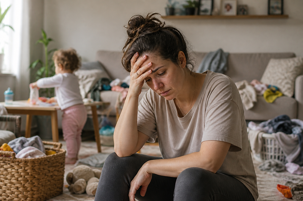A mom looking overwhelmed and sad. The area around her looks chaotic.