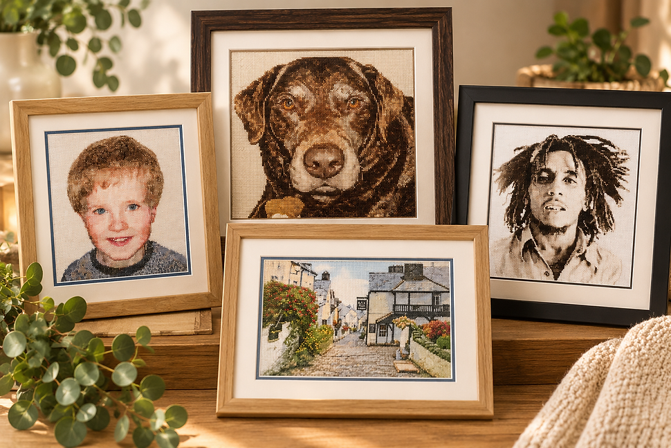 Completed cross stitch designs from satisfied customers.