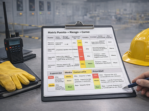 “Checklist impreso de matriz puesto-riesgo-curso en un portapapeles, junto a casco, guantes y radio en un entorno industrial.”