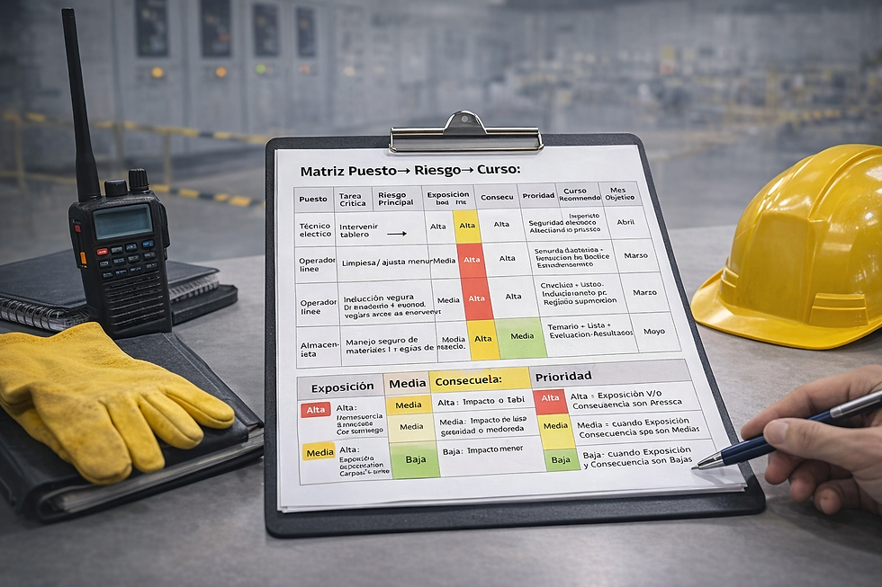 “Checklist impreso de matriz puesto-riesgo-curso en un portapapeles, junto a casco, guantes y radio en un entorno industrial.”