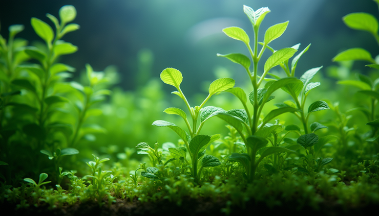 Close-up view of healthy aquatic plants submerged in a freshwater tank