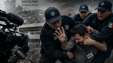 Policías municipales someten a un periodista mientras realiza una cobertura informativa en Naucalpan.