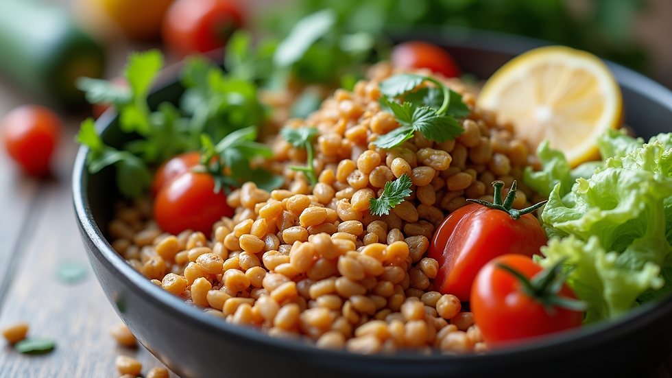 Close-up view of a healthy meal bowl with fresh vegetables and grains