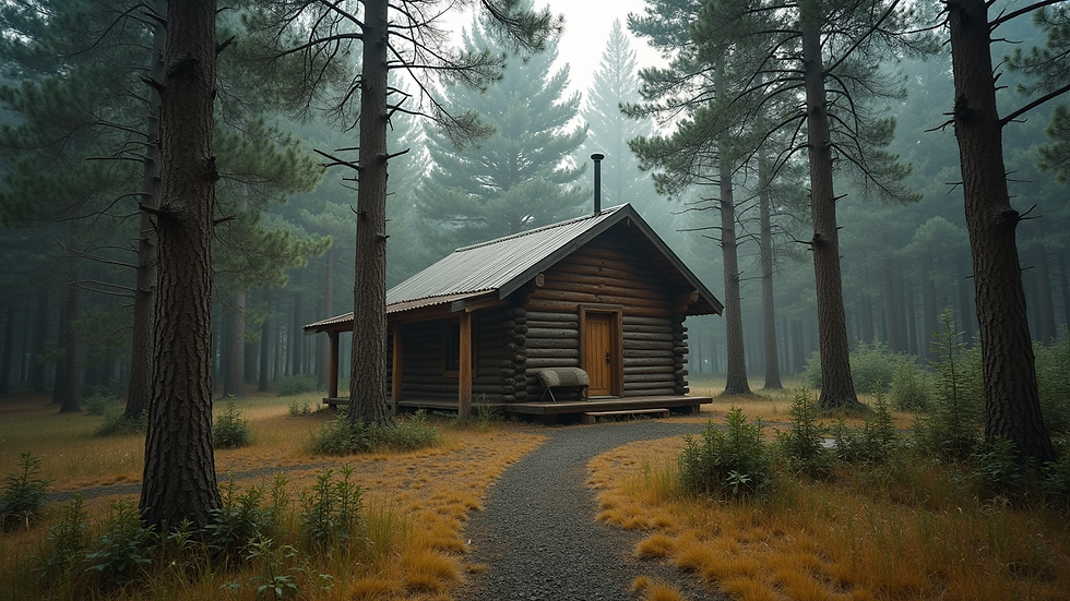 Wide angle view of a rustic off-grid cabin surrounded by trees