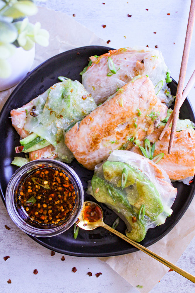 15 Minute Rice Paper Salmon Wraps with a Spicy Soy Dipping Sauce