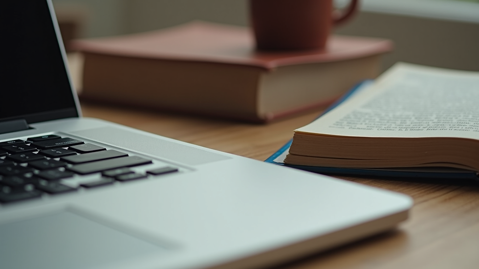 Close-up of a study desk with books and a laptop