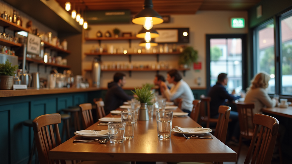 Eye-level view of a bustling local cafe with customers enjoying their meals