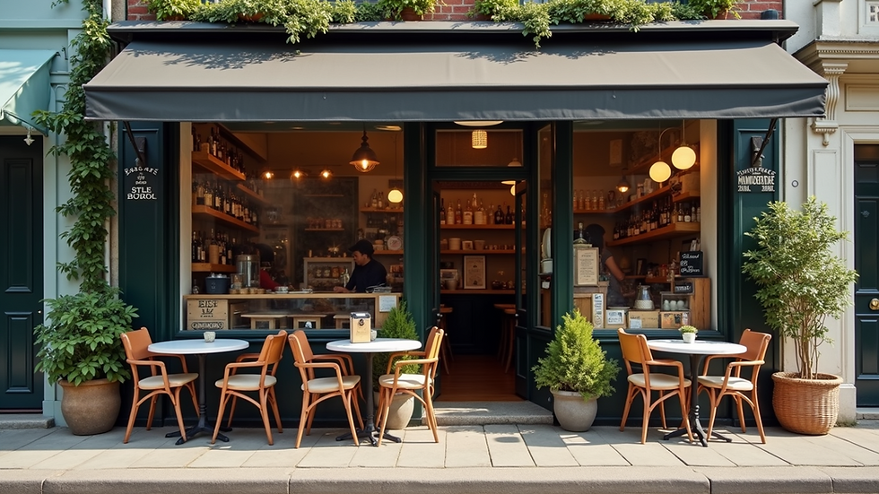 Eye-level view of a small local café storefront with outdoor seating