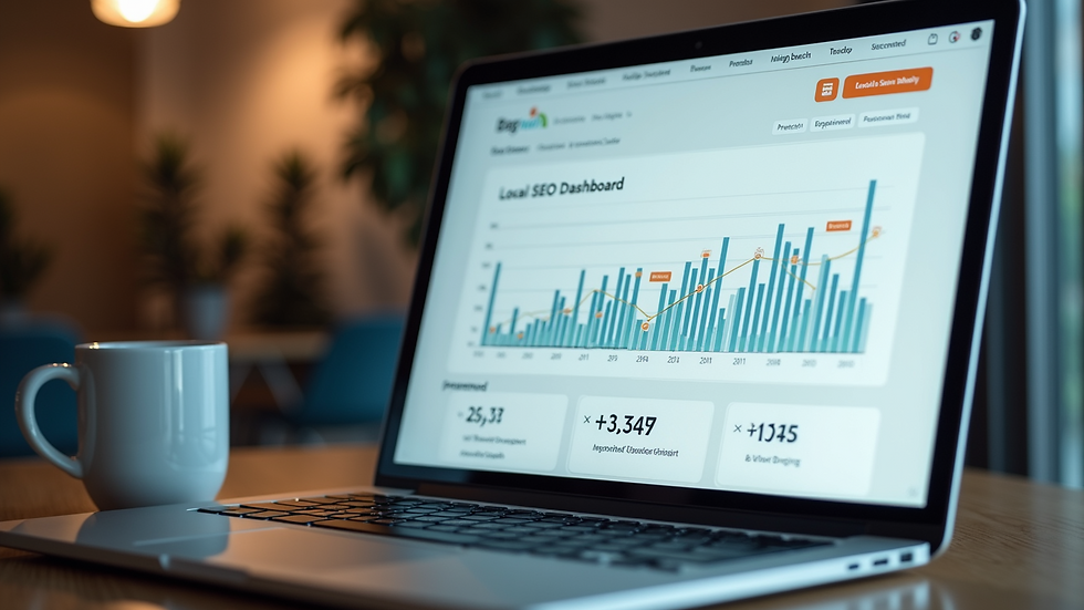 Close-up view of a laptop screen showing a local SEO dashboard