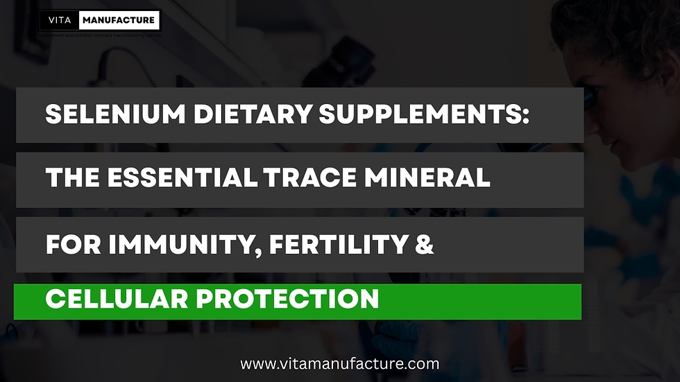 Black image with white text reading 'Selenium Dietary Supplements: The Essential Trace Mineral for Immunity, Fertility & Cellular Protection' with a laboratory background