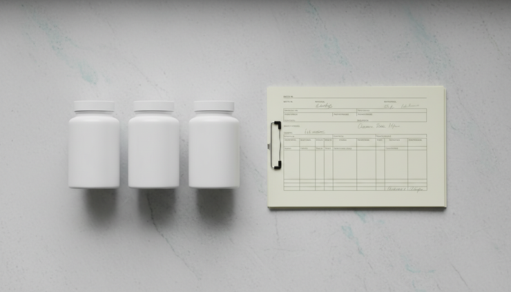 Top-down view of labelled supplement bottles and printed quality documents on a clean surface