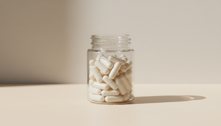 Close-up view of white capsules in a clear glass jar on a neutral surface