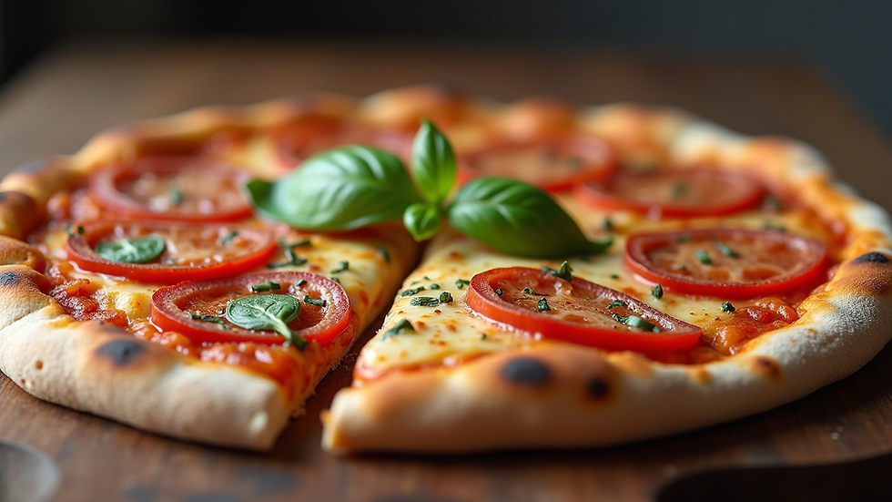Close-up view of sourdough pizza crust with toppings