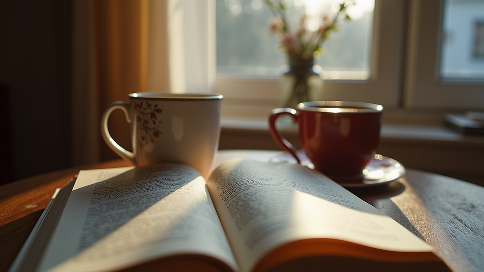 Eye-level view of a cozy reading nook with a book and a cup of tea