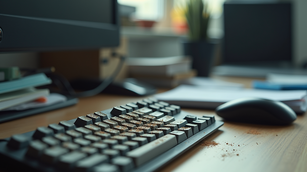 Close-up view of dusty office keyboard and cluttered desk