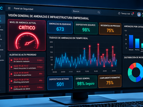 Panel de operaciones de ciberseguridad SOC con indicadores de amenazas, alertas e incidentes en tiempo real.