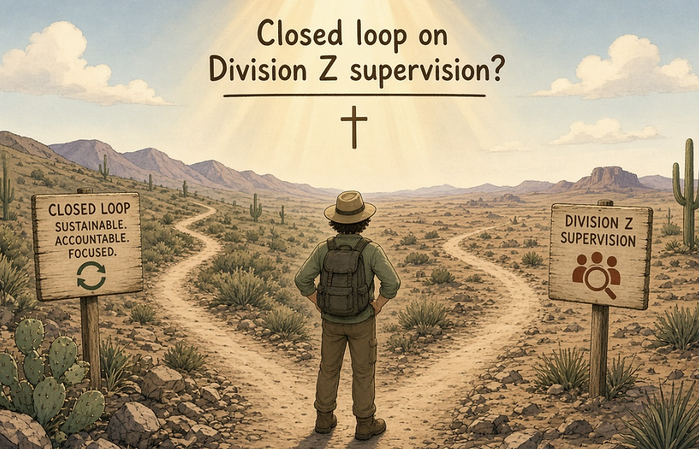 “Closed loop on Division Z supervision?” refers to the question of whether a completed handoff record exists showing that Rance Marquez reported the division break, anchor point, and resource needs back to Operations before he left the line, and that someone accepted that report and confirmed continuous supervision of Division Z on official records from June 30, 2013. The figure standing at the fork, with one path labeled “Closed Loop” and the other labeled “Division Z Supervision,” is a visual stand-in for that unresolved confirmation in the public SAIR and ADOSH materials and all my meticulous voluminous record keeping from FOIAs and public records requests and interviews. The cross and desert setting are stylistic elements used across the set. The image does not depict any specific person.